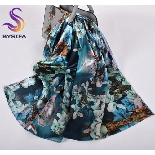 [BYSIFA] Ink Blue Ladies Satin Long Silk Scarf Shawl New Magnolia Fashion Brand Scarves Printed Spring Fall Female Head Scarf