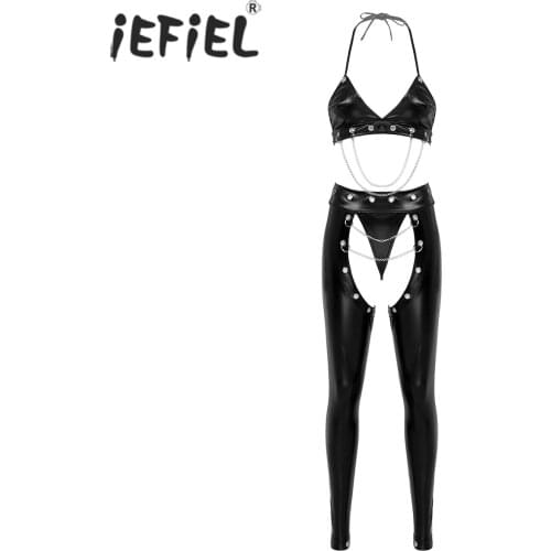 Women Patent Leather Glossy Pole Dance Costume Metal Chain Decor Halter Bra Tops with Crotchless Pencil Pants Lingerie Thongs