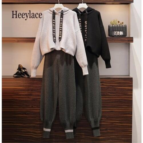 Plus Size Women Clothing 4XL Autumn Winter Long Sleeve Knitted Hoodies Sweater And Long Pants Two Pieces Sets Korean Casual Suit