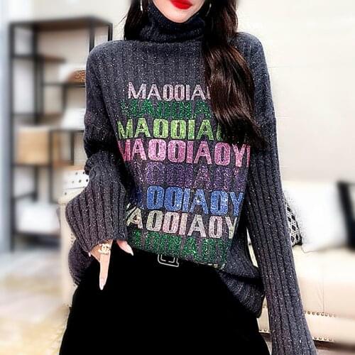 2021 Runway winter women sweaters Colorful letters sequins loose warm casual party knitting pullover turtleneck sweaters NS39