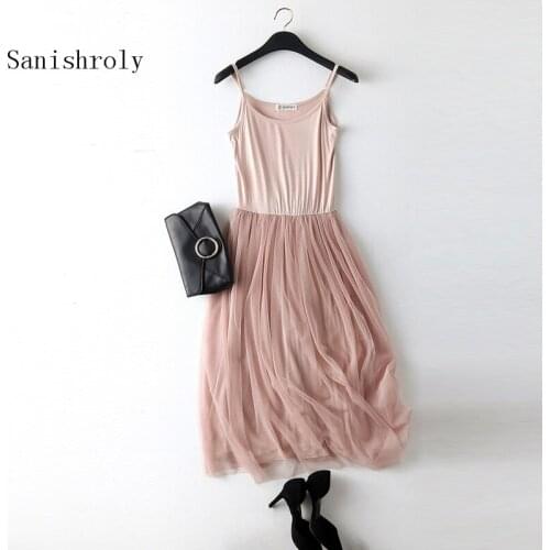 Sanishroly 2018 Women Summer Dress Spring Modal Patchwork Mesh Dresses Female Gauze Spaghetti Strap Dress Lace Tank Vestidos 015