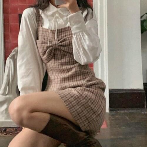 Dress Women Hot Sale Vintage Plaid Dress Spring 2021 Bow Dresses Fairy Clothes Korean Fashion Vestidos Mini A-line Dress