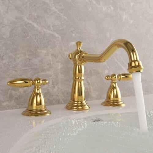 Golden Polished Bathtub Spout Solid Brass Three Pcs Swivel Double Handles Bathroom Basin Sink Brass Faucet Mixer Tap