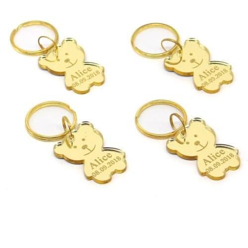 10pcs Personalized Laser Engraved Gold Silver Bears Keychain Birthday Party Favors Customized Baby Shwer Gifts Souvenirs Keyring