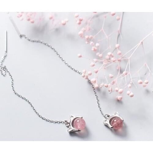 100% REAL. 925 Sterling SIlver Fine Jewelry kitten cat with Natural strawberry quartz stone threader long Earrings GTLE2225