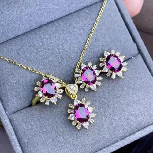 100% Natural And Real Garnet Set 925 Sterling Silver 1pc Ring,2pcs Earring,1pc Pendant For the Party