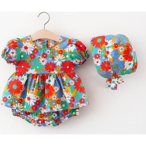 2Pcs Set 0-24M Infant Baby Girl Summer Rompers+Hats 2pcs Flowers/Fruit Printed Short Sleeve Jumpsuits Hat