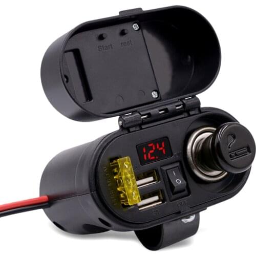 20A Fuse 12V-24V Motorcycle Cigarette Lighter 5V 3.1A Waterproof Dual USB Port Charger With Voltmeter Time Display