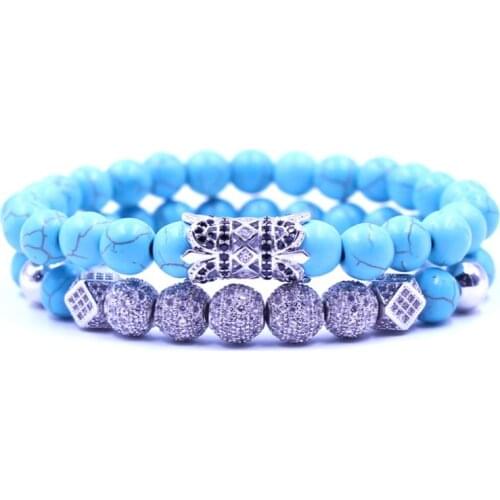 8mm 2PCS/Set gh24 silver elastic adjusted nature turquoise bead micro pave cz zircon cubic zirconia tube Bracelet Jewelry