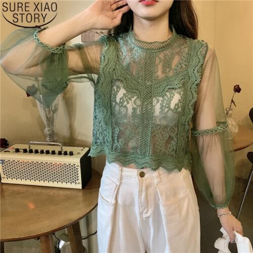 Blouses Shirts Casual Blusas Women Lace Blouse Mesh Tops Sweet Lantern Long Sleeve Loose Short Pullover Clothes Shirt 12024