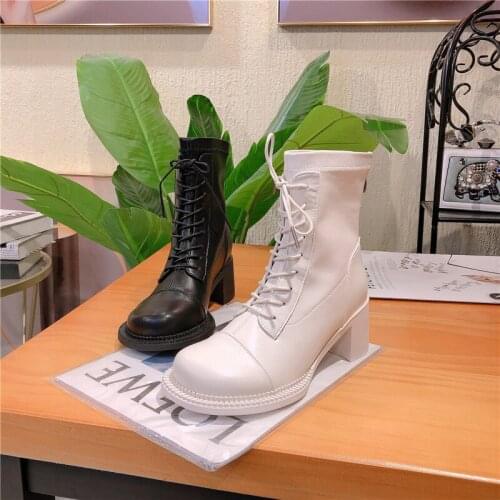 Big round head Chelsea boots womens autumn thick high-heeled lace thin boots British wild Martin boots stretch small boots