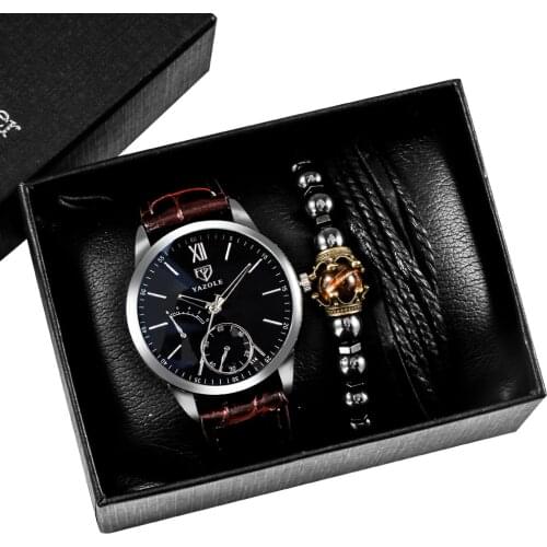 Bracelet Watch Gift Set Mens Quartz Minimalist Black Dial Watches Brown Leather Strap Band Pin Buckle Male Bangles Gift for Son
