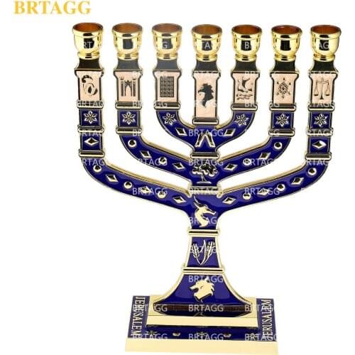 BRTAGG 12 Tribes Of Israel Menorah, Jerusalem Temple 7 Branch Jewish Candle Holder Crismas Holy Land Gift