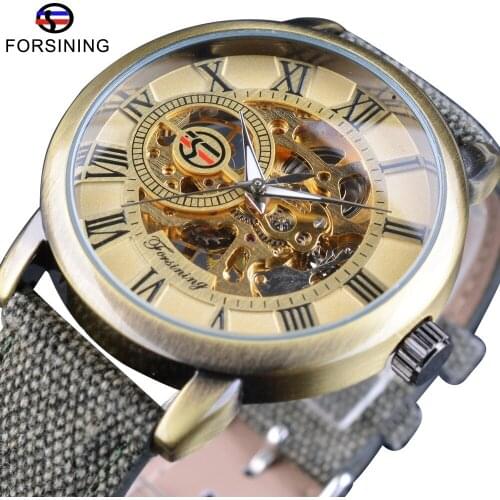 Forsining Retro Bronze Design Roman Green Band Luminous Military Men Wrist Watches Top Brand Luxury Mechanical Skeleton Watch