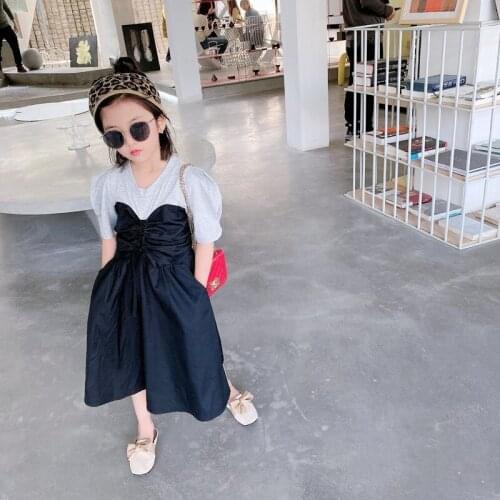 Child Dress Girl Color Matching Pleated Line 2021 Summer New For Girls 3-8 Years Old Princess Dress