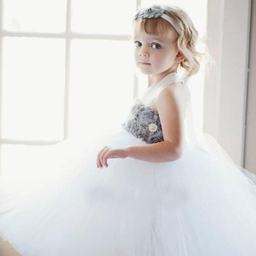 Princess Wedding Birthday Party Tutu Dress for Girls Gray Mint Flower Kids Dress Children Photo Clothing TS081