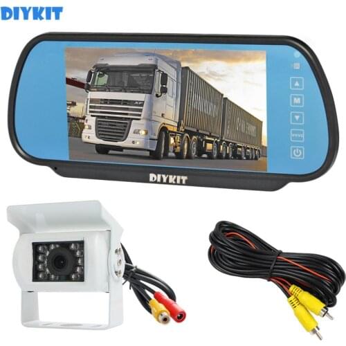 DIYKIT 7" Mirror Monitor Car Monitor Waterproof IR Night Vision CCD Rear View Car Camera White for Truck Caravan Bus Van