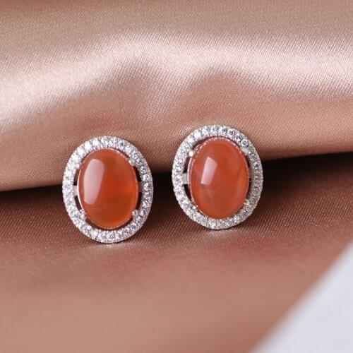 FNJ Natural Red Agate Earrings 925 Silver Original Pure S925 Sterling Silver Stud Earring Women Jewelry white zircon