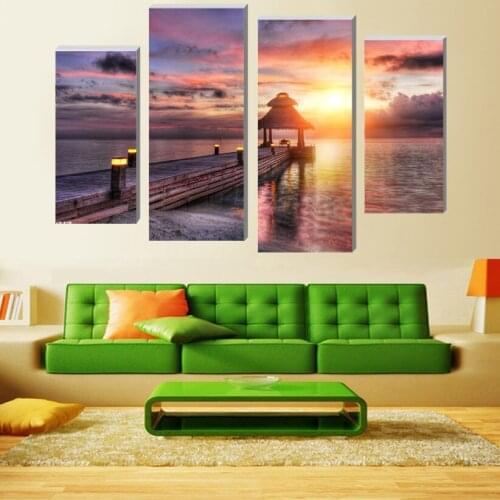 JIE DO ART 4 Panels Canvas wood bridge to Sea with Sunsetting Painting On Canvas Wall Art Picture Home