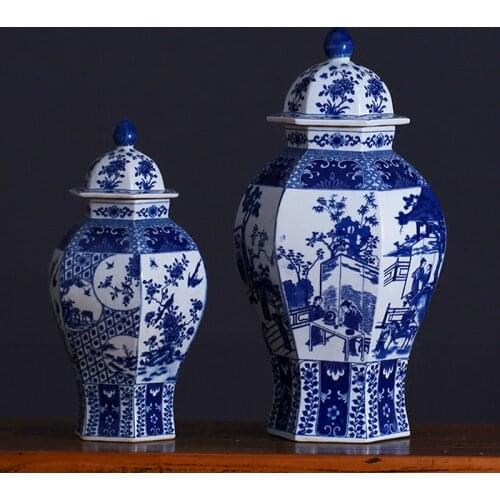 Chinese Classical Antique Handmade Blue and White Hexagon Porcelain Ginger Jar Hotel Villa Art Decorations