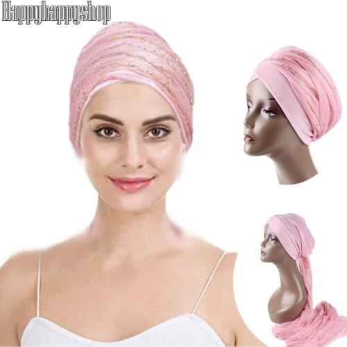 Fashion Women Headscarf African Long Tail Headwrap Muslim Islamic Hijab Turban Cap Hair Loss Cancer Caps Ladies Headwear