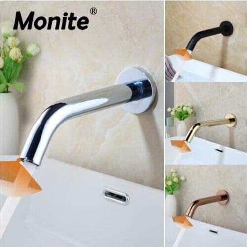 Monite Gold Plated Bathroom Faucet Matte Black Wall Mounted Sensor Faucet Automatic Free Touch Sensor Bathroom Mixer Tap Faucet