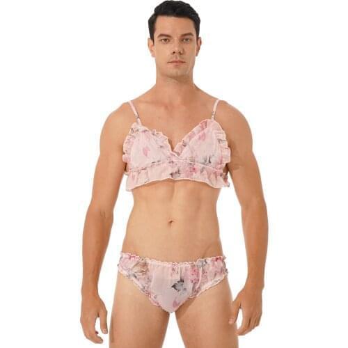 Mens Sissy Crossdress Sexy Suit Flower/Strawberry Printing Ruffled Lingerie Set Nightwear Adjustable Straps Bra Tops with Briefs
