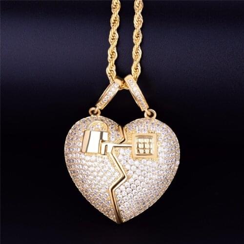 New Iced Out Lock Key Broken Heart Pendant Full Bling Cubic Zircon Luxury Hip Hop Necklace Jewelry For Valentine Gift