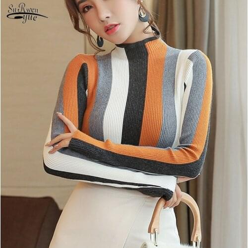 Autumn Fashion Knit Sweater Turtleneck Long Sleeve Sweater 2021 Pullovers Women Sweaters Striped Slim Casual Women Clothing 1327