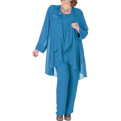 Blush Pink Mother of the Bride Dress Flower Chiffon Pants Suit 3 Pieces with Jacket Irregual Tops Elegant Outfit Long Sleeves