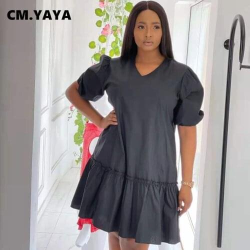 CM.YAYA Women Mini Dress Solid Short Puff Sleeve V-neck Ruffles Loose Straight Dresses Casual Fashion Vestidos Summer Outfits