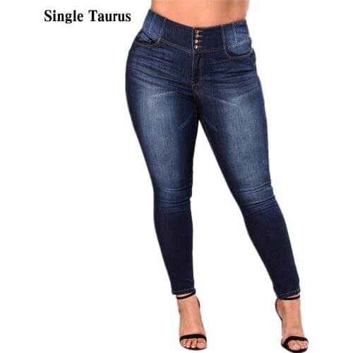 Plus Size Casual Jeans Fashion High Waist Slim Elasticity Mon Denim Blue Push Up Streetwear Skinny Pencil Pants Trousers Women