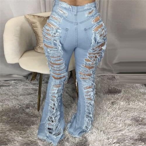 Tassels Denim Flared Pants Fashion Indie Style Plus Size Sexy Night Club Women Ripped Jeans Blue Black Hollow Out Trousers 3XL