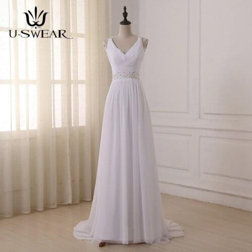 Elegant Beach Wedding Dress Sexy V-neck Backless Beading Pleated Chiffon Wedding Gowns High Quality Custom Made Vestido De Noiva