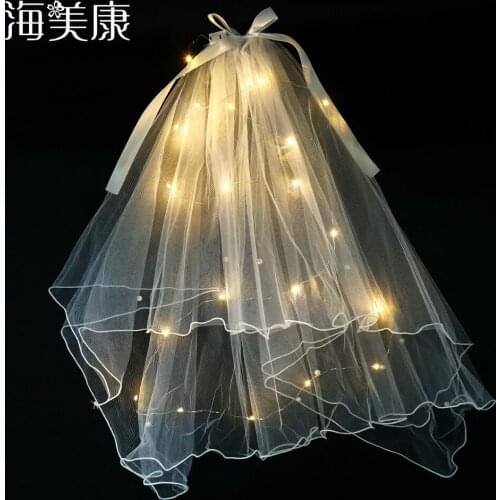 Haimeikang 2021 Luminous Veil Headgear Elegant Lace Bridal White Veil Headband For Women Wedding LED Light New Hair Accessories