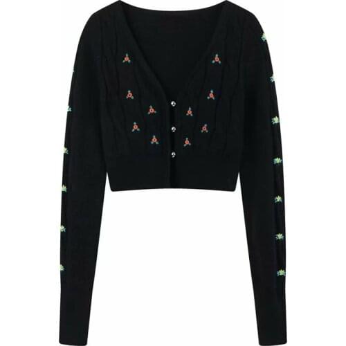 Black Cherry Flower Cropped Short Cardigan for Women Long Sleeve Knitted Top Autumn 2021 Womens Clothing Female Fall Sweater