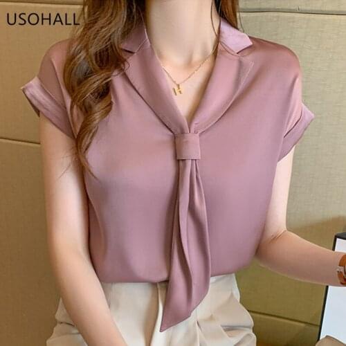 USOHALL 2021 Summer New V-Neck Fashion Ribbon Short Sleeve Blouse Womens Chiffon Shirt