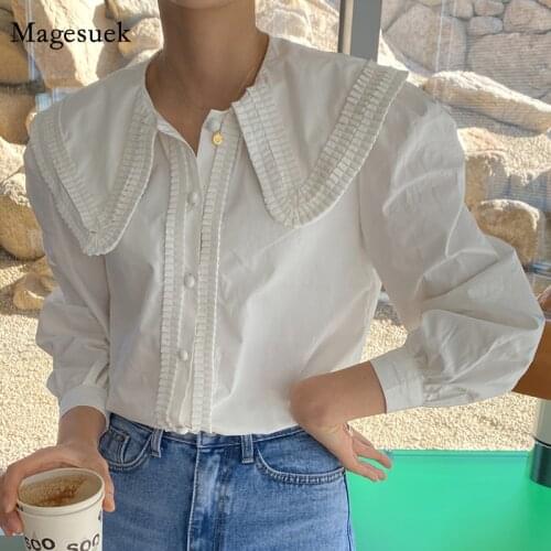 Spring French Retro Blouse Women Doll Collar Pleated Lantern Sleeve Shirt Vintage Loose Buttons Solid Tops Blusas Mujer 13792