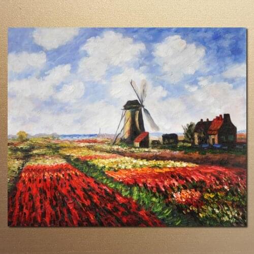 High quality Claude Monet paintings Tulip Field with the Rijnsburg Windmill oil on canvas hand-painted Home decor