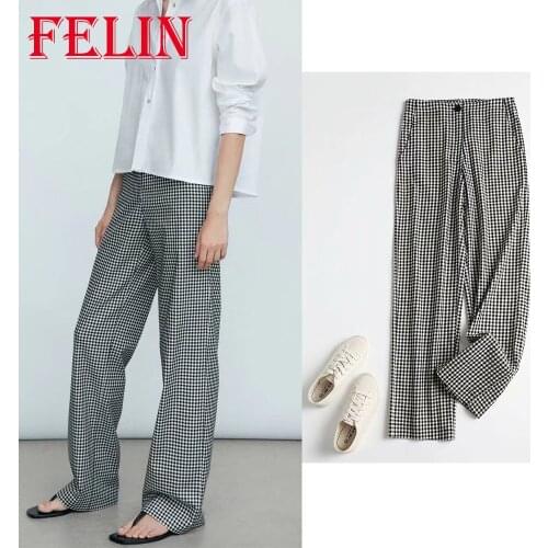 Za 2021 Office Lady Plaid Print Women Pants High Waist Wide Leg Zipper Women Trousers Casual Fashion Autumn Long Pants