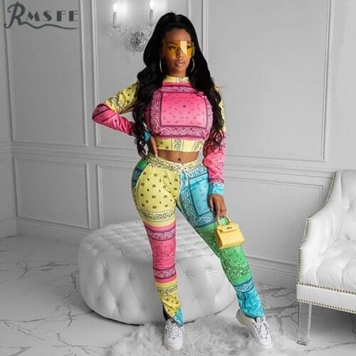 RMSFE 2021 European And American Womens Long Sleeve Round Neck Short Top Elastic Waist Casual Pants Printing Suit Set