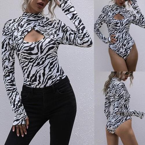 Womens Leopard Casual Print Long Sleeve Tight-fitting Jumpsuit Female Short Playsuit Sexy Zebra Print Bodysuit Women