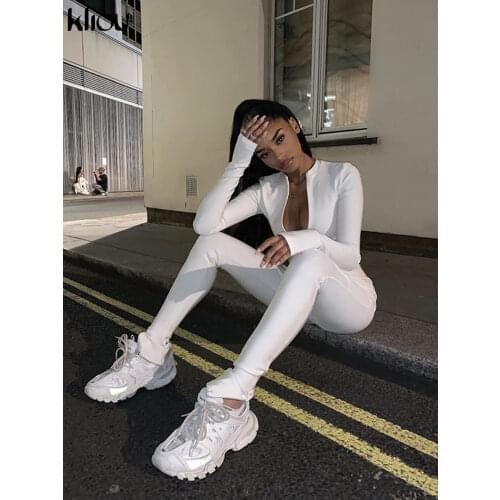 Kliou solid Black/white Bodycon Jumpsuit Women Sporty Rompers summer fitness Long Sleeve Zipper elastic One Piece