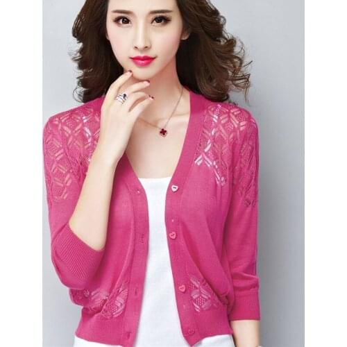 New 2019 Summer Air Conditioning Cardigan Women Casual Thin Crochet Hollow Short Knitted Blouse 3/4 Sleeve Tops F279