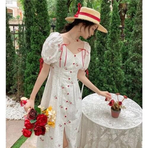 Summer Lace Women Puff Sleeve Square Collar Elegant Dress Boho Beach Floral Dresses Female Party Korean clothes vintage vero