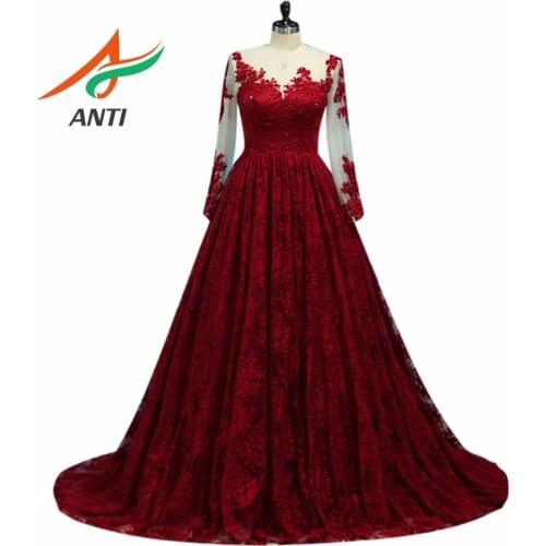 ANTI Burgundy Lace Evening Dress Long Sleeve 2019 Vestido De Festa Beads A-Line Appliques Robe de Soiree Formal Evening party