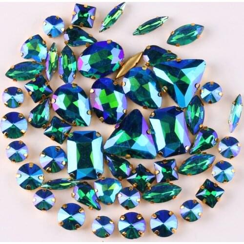 Gold claw setting 50pcs/bag 11 shapes mix Emerald AB glass crystal sew on rhinestone Crystals wedding dress shoes bags diy