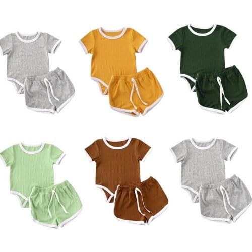0-24M Infant Summer Casual Baby Clothes Boys Girls Short Sleeve Knited Romper+Shorts 2pcs Cotton Baby Clothing Outfits 5 Colors