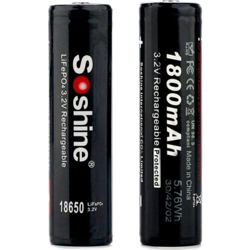 2pcs Soshine 3.2V Rechargeable 18650 LifePO4 Battery Cell 1800mAH Protected Positive nipple for Led Torch Headlamp Bicycle Light
