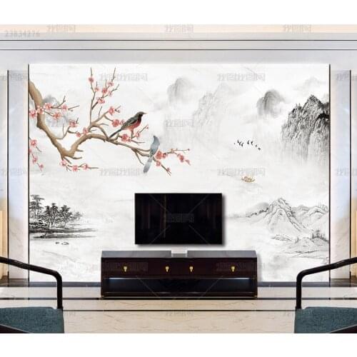 3D modern simple new Chinese ink landscape painting mural living room sofa TV plum blossom background wall decorative wallpaper